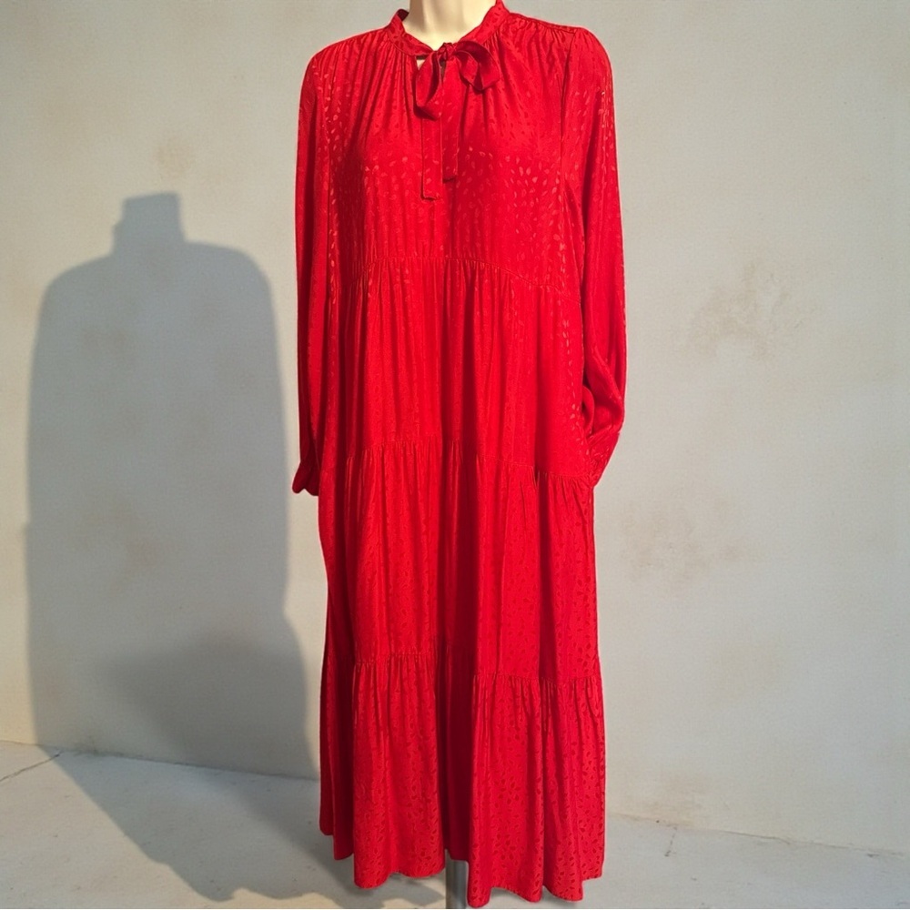 Maeve by Anthropologie Red Jacquard Tiered Maxi Dress Size S Long Sleeve Pockets - Picture 2 of 10